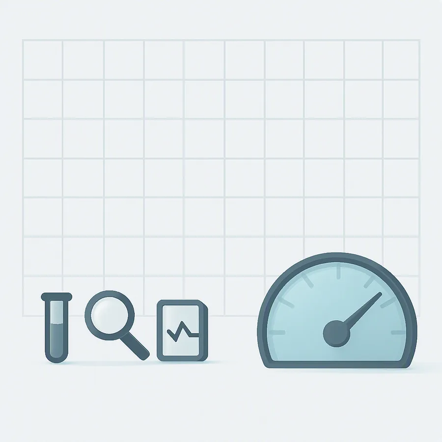 Four small study icons beside a large empty grid of outlined squares and a gauge showing a low reading