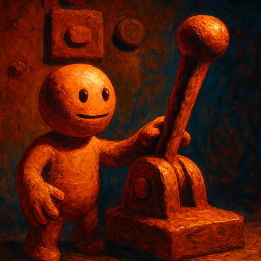 Klaymen the clay character next to a clay lever in a detailed clay room.