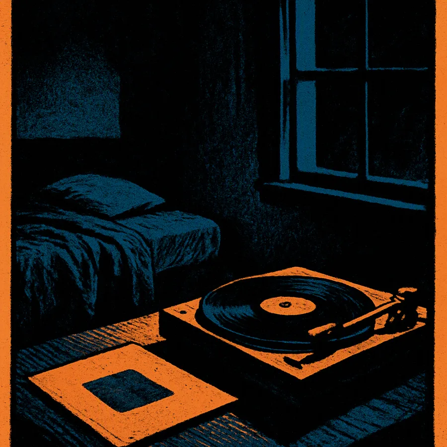 A dimly lit bedroom at night with a record spinning on a turntable, lights off.