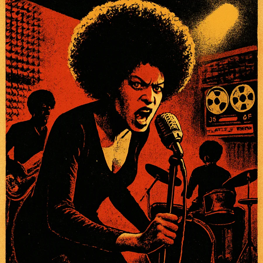 Betty Davis singt in ein Mikrofon in einem Aufnahmestudio der 1970er Jahre, mit einem Bassisten und Schlagzeuger hinter ihr.