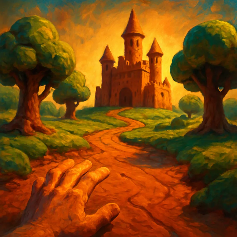 A claymation landscape with a path, clay trees, and a distant clay castle.