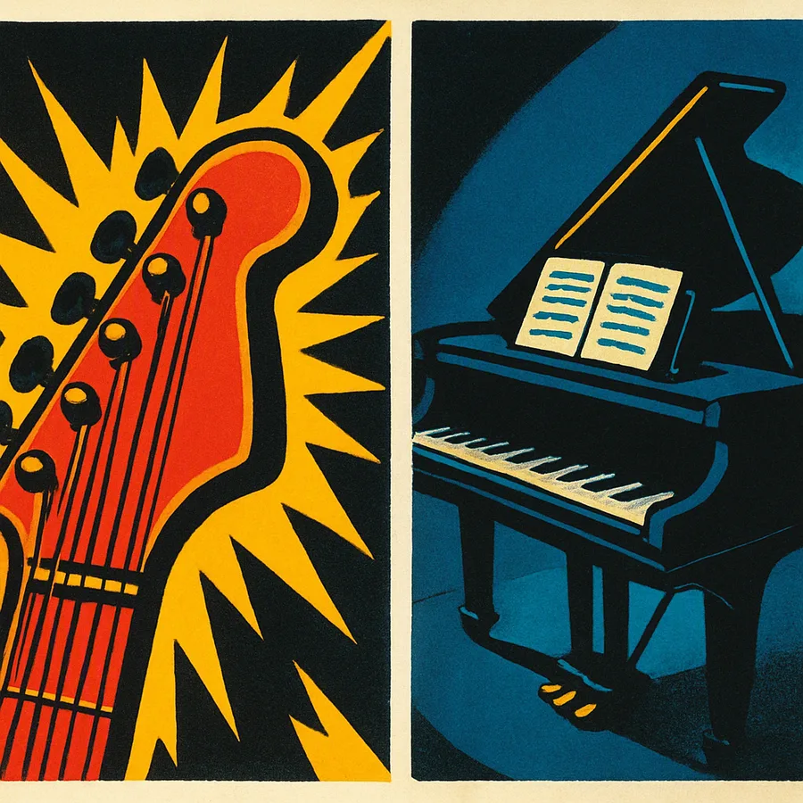 Imagem dividida mostrando uma guitarra elétrica distorcida à esquerda e um piano à direita, estilizada como um pôster psicodélico dos anos 1960.