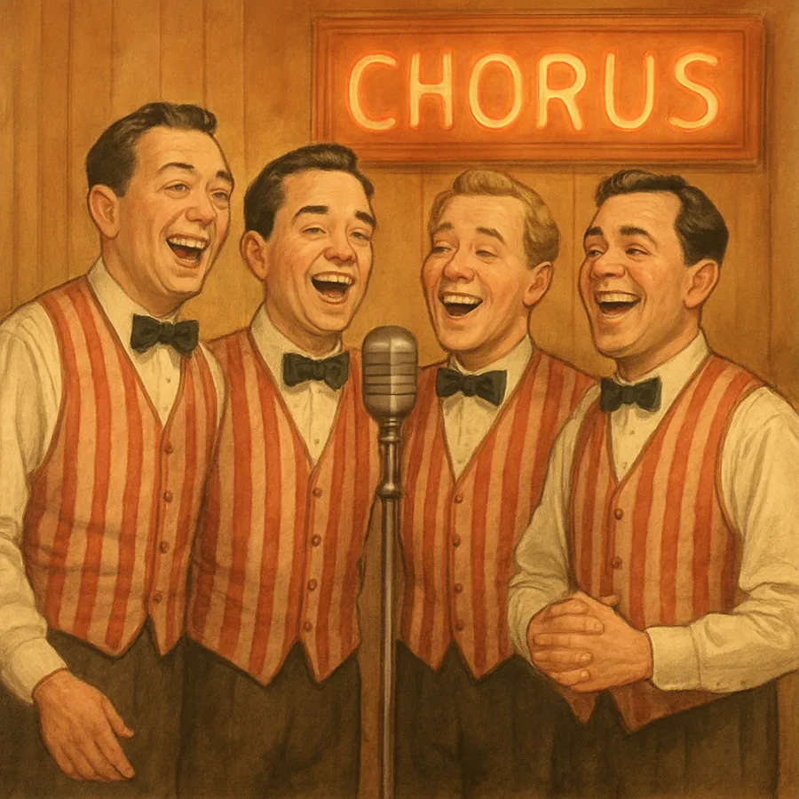 Quatro homens em coletes combinando cantando num microfone numa sala com painéis de madeira.