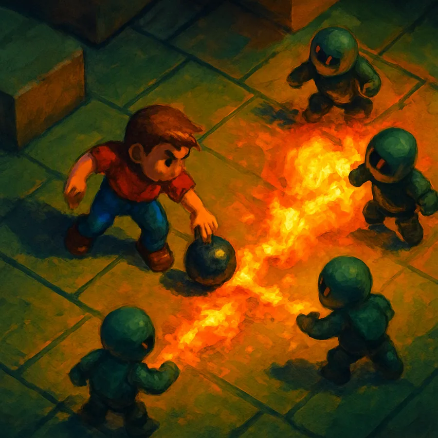 Overhead view of a character planting bombs on the ground and on enemies, with chained explosions spreading