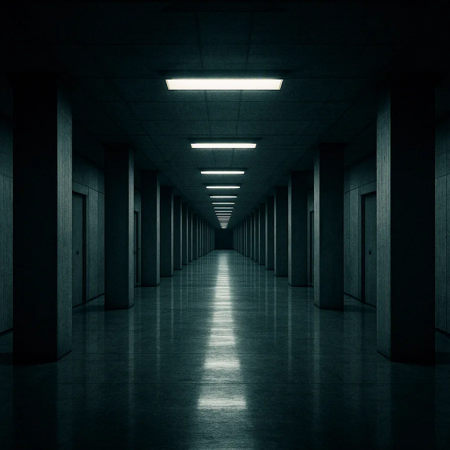A symmetrical grey brutalist corridor lit by harsh overhead lights, with identical doors and bare walls.