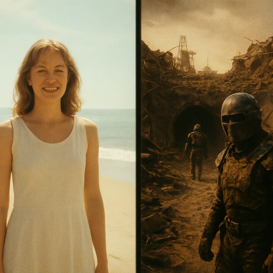 Split image contrasting a clean virtual paradise with a rusted post-apocalyptic wasteland