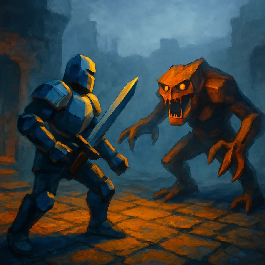 Blocky low-poly armored figure facing a monster in a foggy ruined courtyard.
