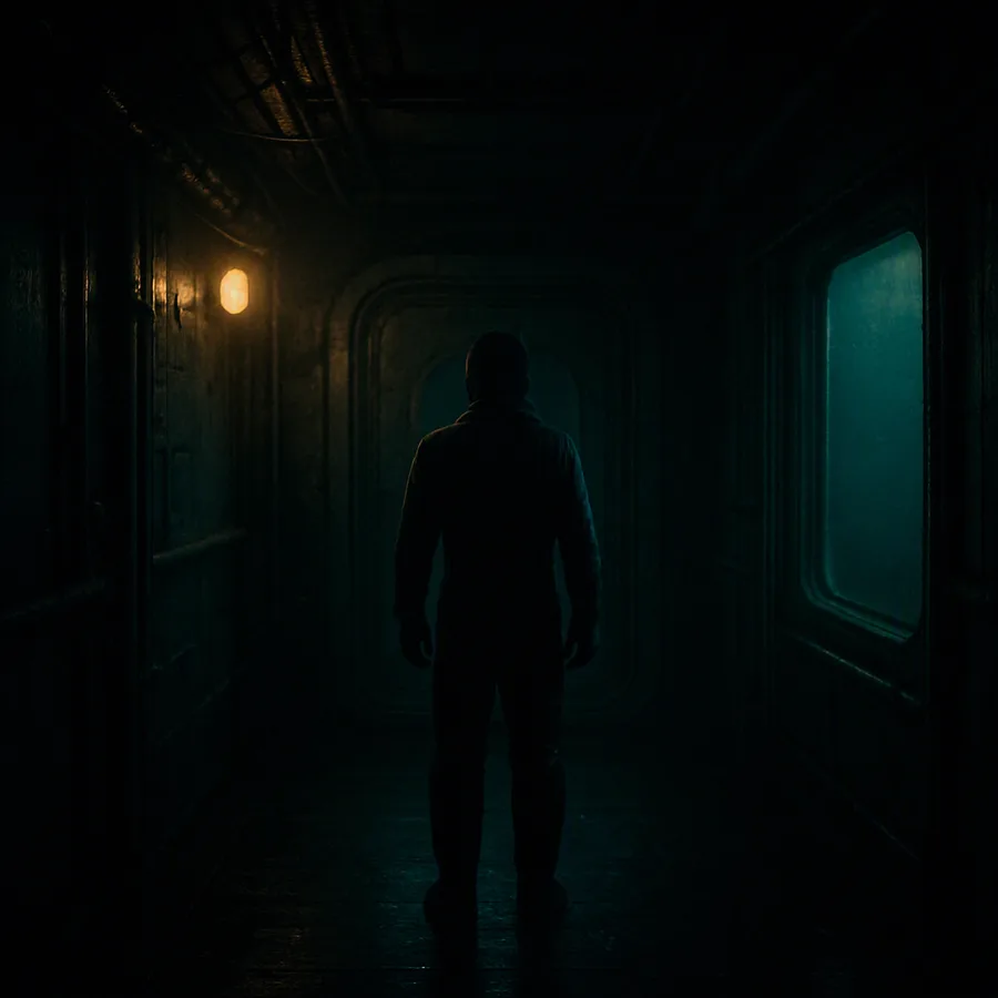 A lone crew member in a dimly lit underwater corridor