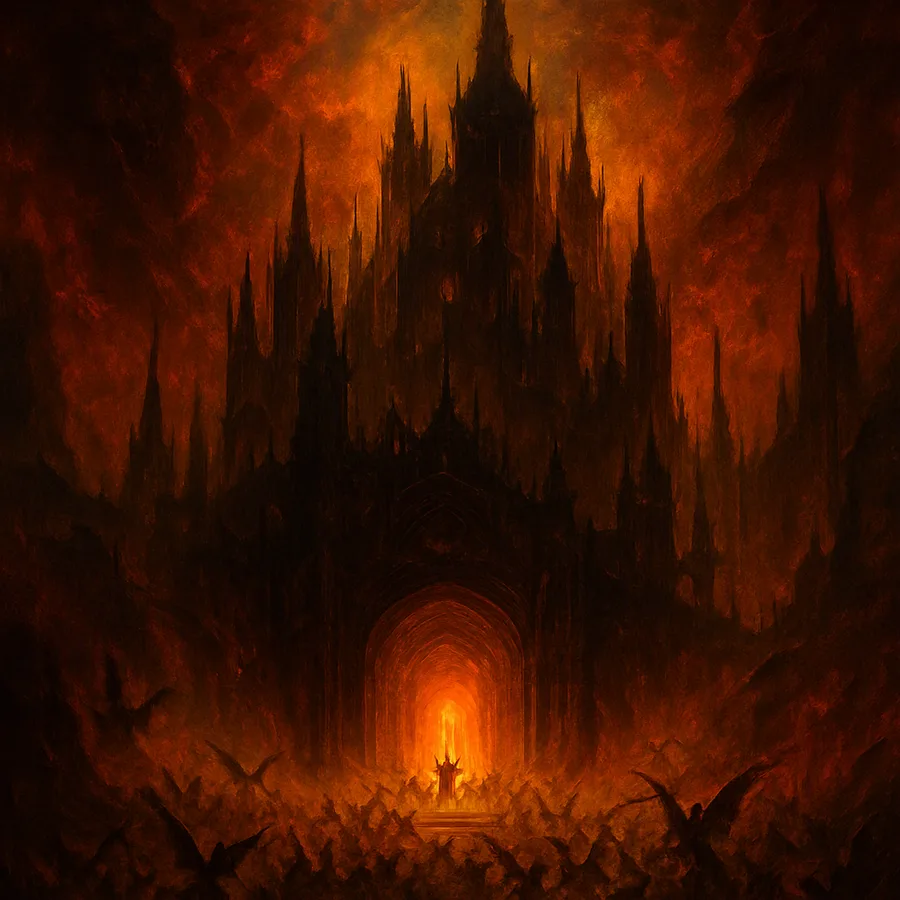 Illustration of Pandemonium, the capital of Hell from Milton's Paradise Lost, as a towering dark city in a fiery cavern.