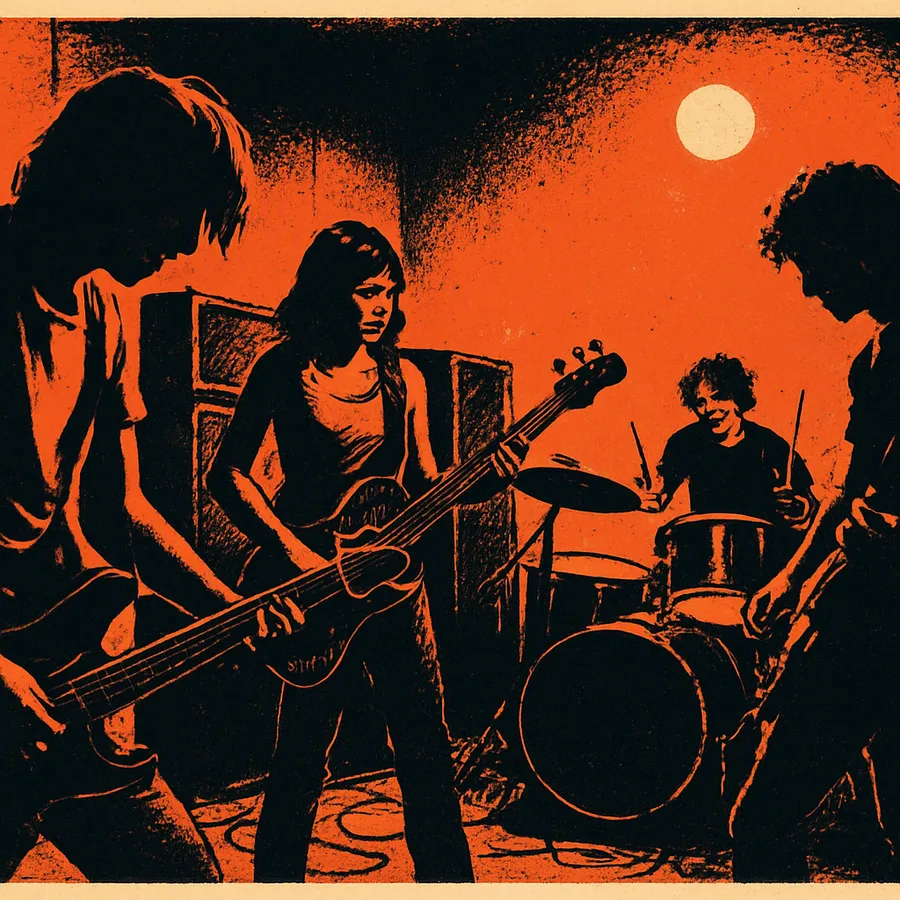 Documentary-style photo of a four-piece band rehearsing among amps and a drum kit in a bare late-1980s Boston practice room.