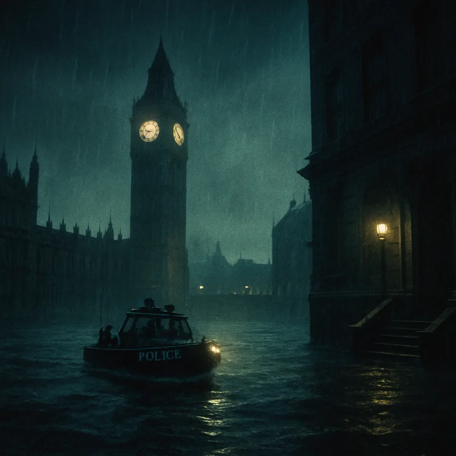 Flooded London streets turned into canals with buildings as islands, rain and darkness, police boat navigating the water.