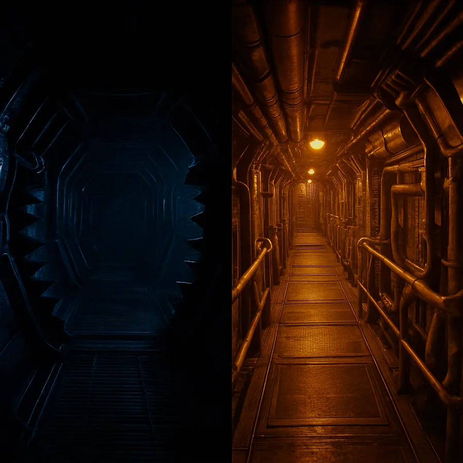Split image: the dark, spike-lined corridor of the Event Horizon next to the cramped, pipe-filled interior of the Lewis and Clark.
