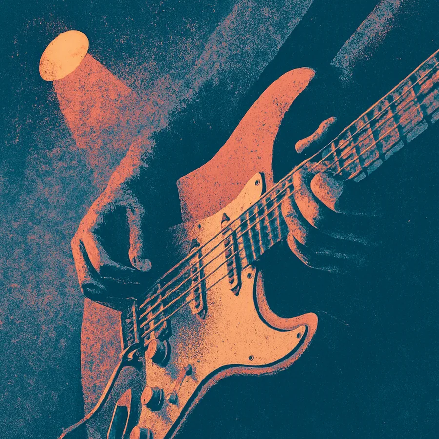 Close-up of an electric guitar with tremolo arm, strings bent, surrounded by hazy visual distortion.