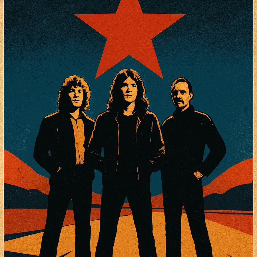 Ilustração do Rush em uma paisagem geométrica com uma estrela vermelha, reminiscente da capa do álbum Moving Pictures.