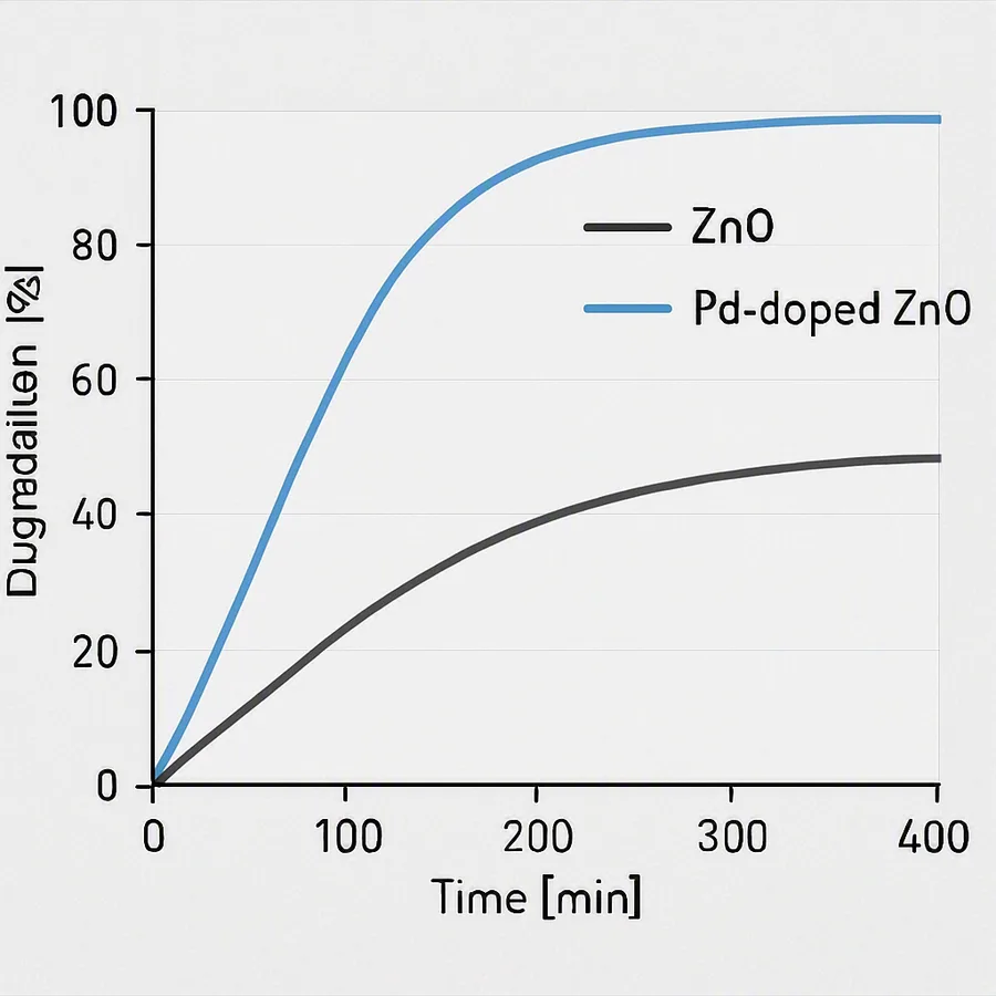 Ein Liniendiagramm, das die Abbauraten von Nitrobenzol durch Pd-dotierte und reine ZnO-Nanopartikel über 320 Minuten vergleicht.