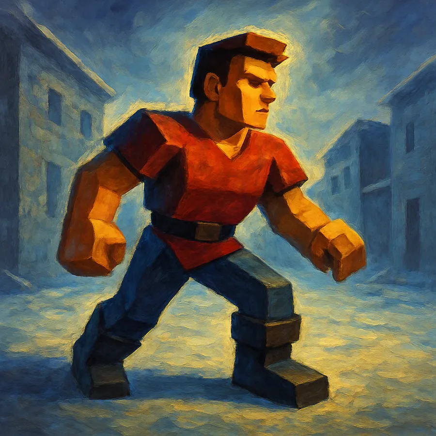 Blocky low-poly character on a sparse snowy street rendered in early PlayStation 3D