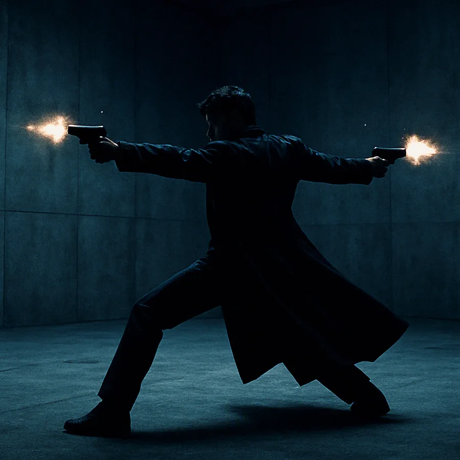 A gun-wielding figure in a dark coat spinning through a grey concrete corridor, firing two handguns in a choreographed martial-arts pose.