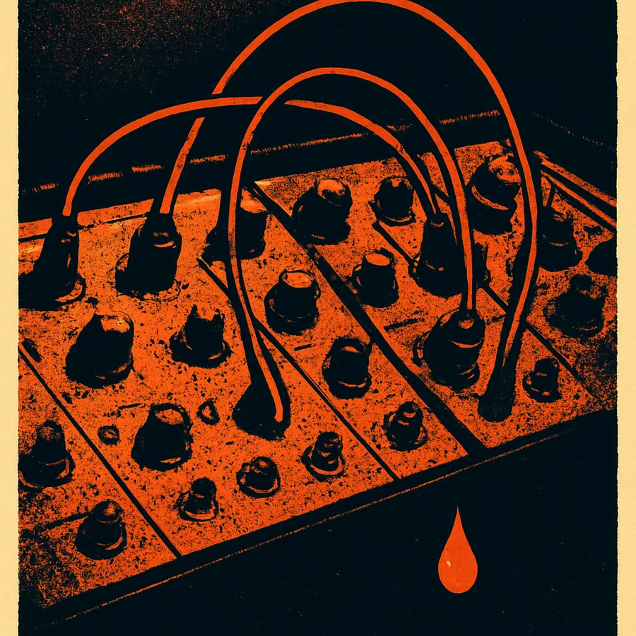 Close-up of an analog synthesizer with patch cables and a tear-like condensation drop on its panel.