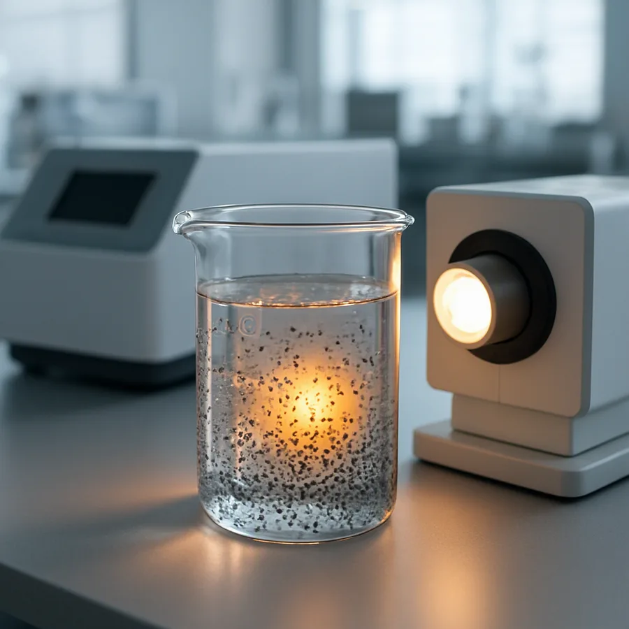 A lab setup with a beaker of water under visible light, with nanoparticles breaking down a pollutant.