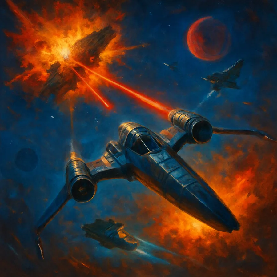 A starfighter with weapons flying through objectives in space.