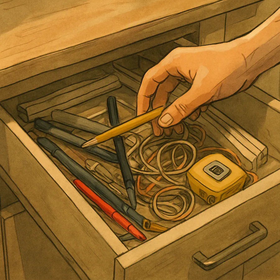 A hand digging through an overstuffed drawer of pens, pencils and odds and ends that will not close.