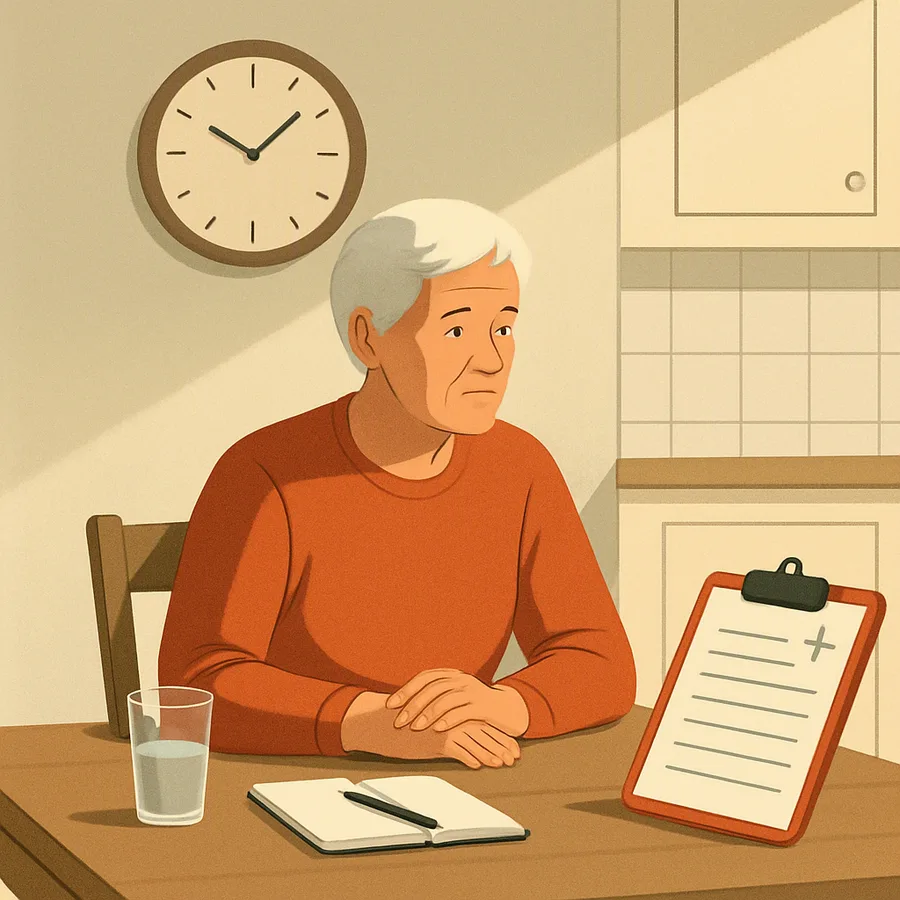 Older adult at a kitchen table with a clock, a notebook for tracking mood, and a doctor's clipboard nearby.