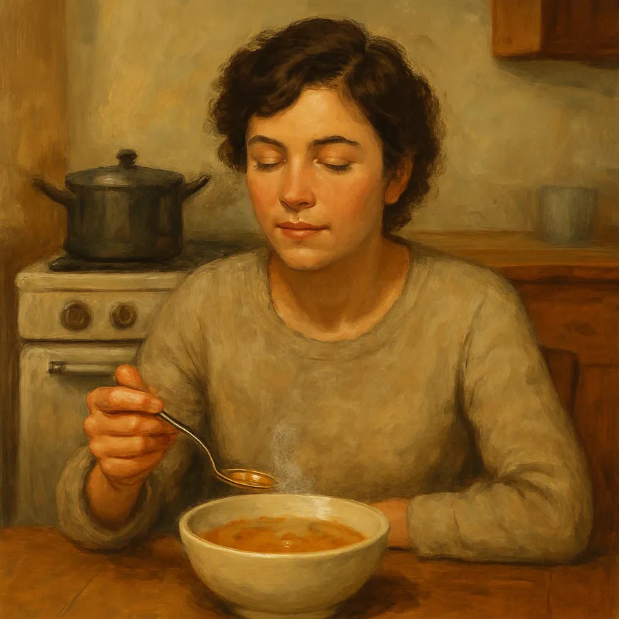 A person sitting at a table tasting a bowl of soup with a fork in hand, stove and pot behind them.