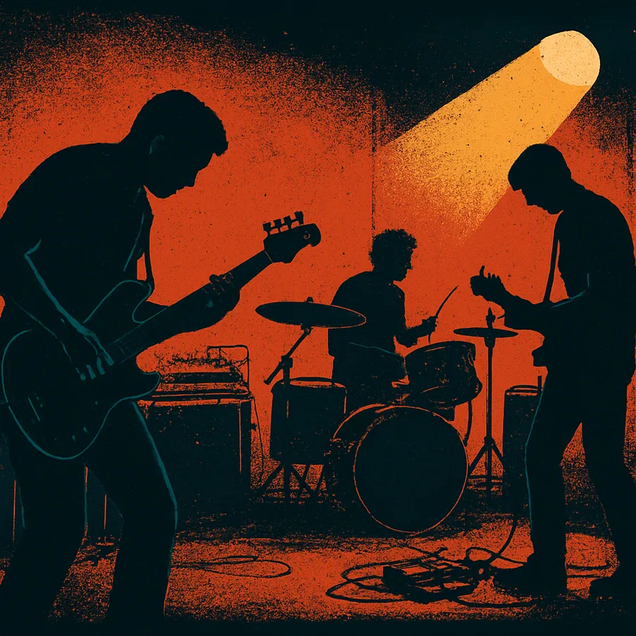 A 1990s band recording a dry, dub-influenced track in a plain studio room