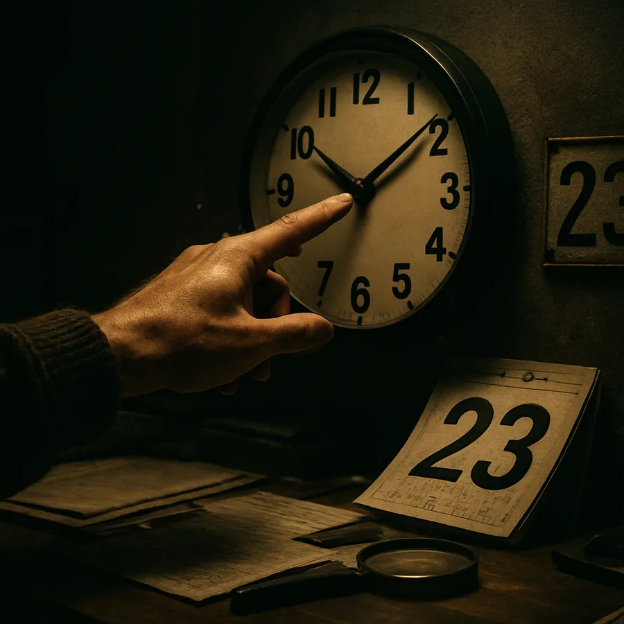 Close-up of a hand pointing at a clock showing 23 minutes past the hour, with the number 23 on an address plaque and calendar in the background.