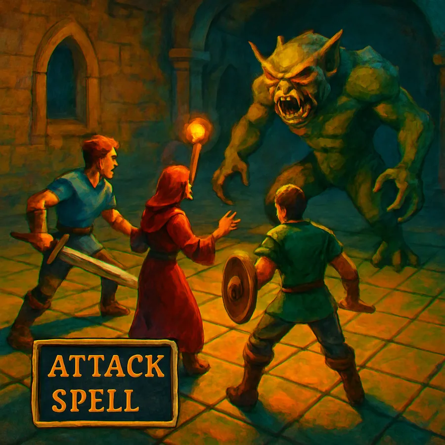 Grid-based battle screen from a 1999 PlayStation RPG showing three characters fighting a monster.