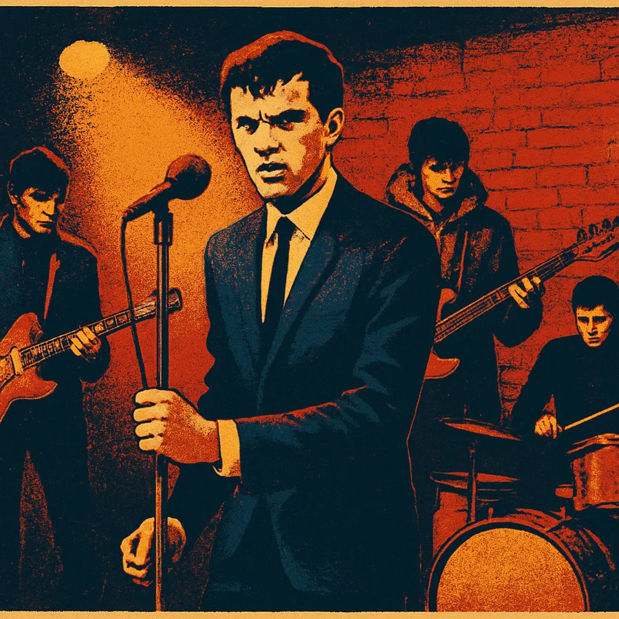 Uma banda mod se apresentando no palco com um vocalista, guitarrista, baixista e baterista em um clube dos anos 1960.