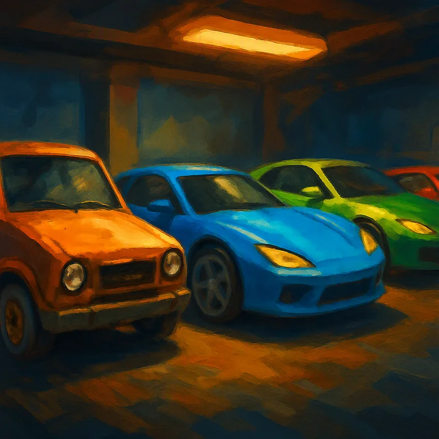 Row of odd low-polygon vehicles in a garage, from a slow jalopy to better unlocked cars