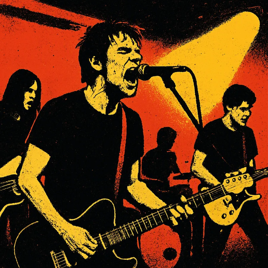 Black-and-white concert photo of a four-piece late-1980s alternative rock band playing a small club stage.