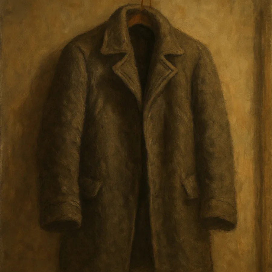 A too-small wool coat hanging on a hook, depicted in a 19th-century realist painting style.