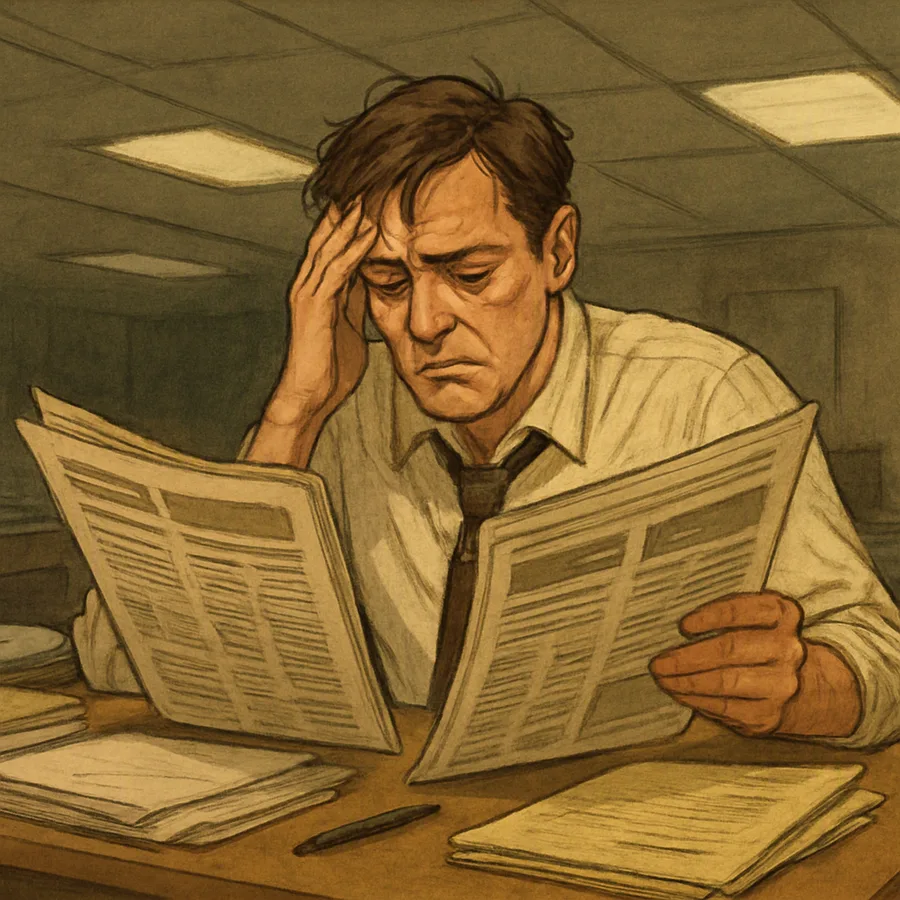 A weary person at a desk holding two newspapers with opposing headlines, looking overwhelmed