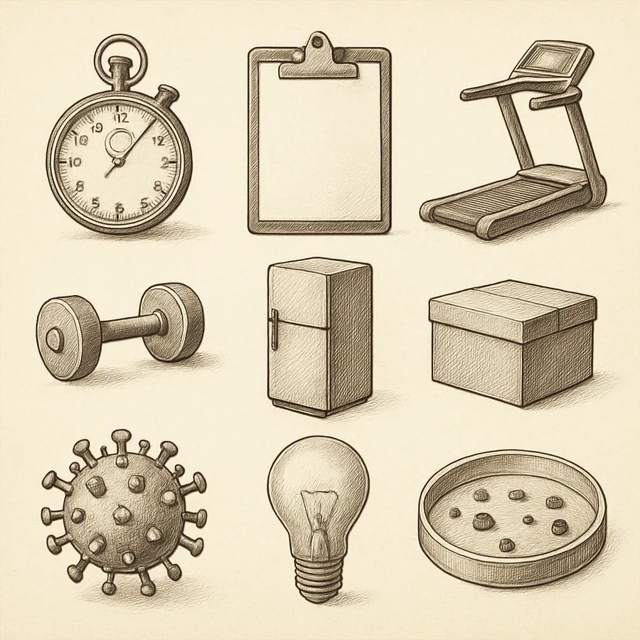 Engraved grid of varied study-design objects illustrating heterogeneity across studies