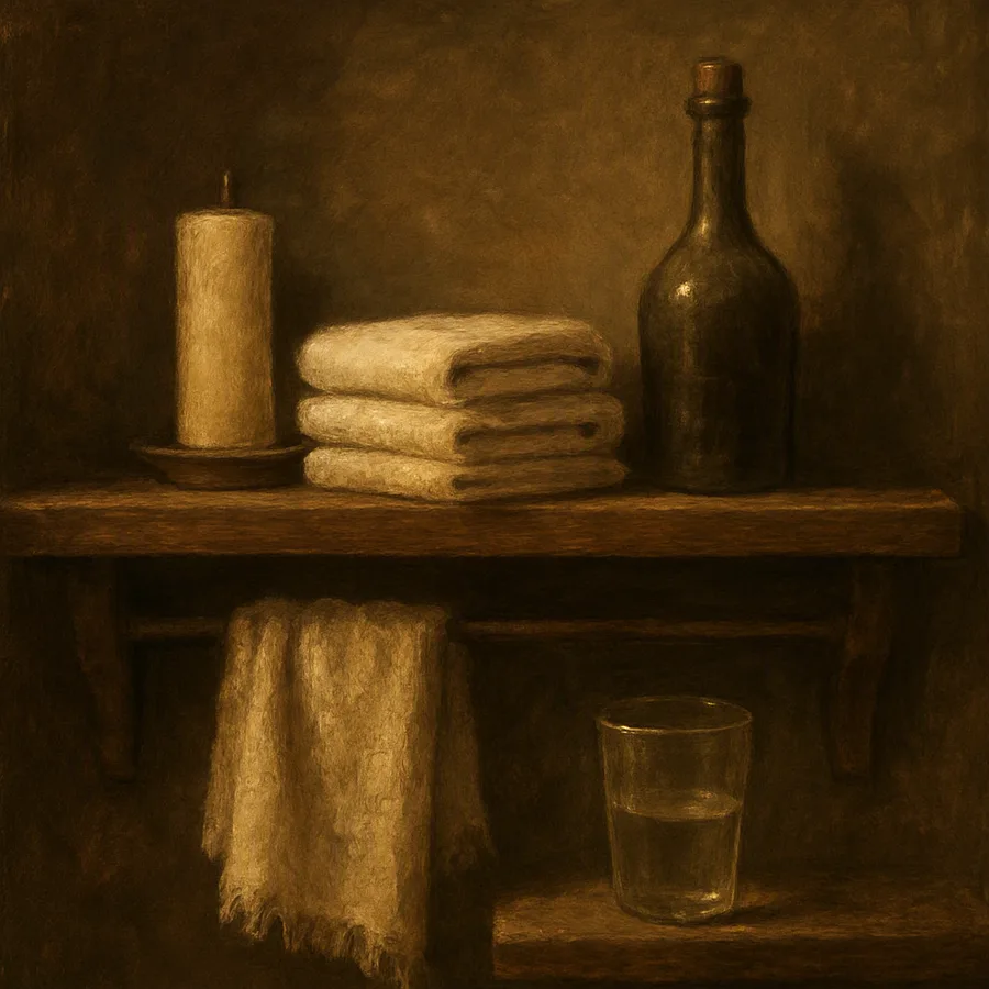 A shelf holding an unlit candle, folded towels and a bottle of wine, with a frayed towel and plain glass below