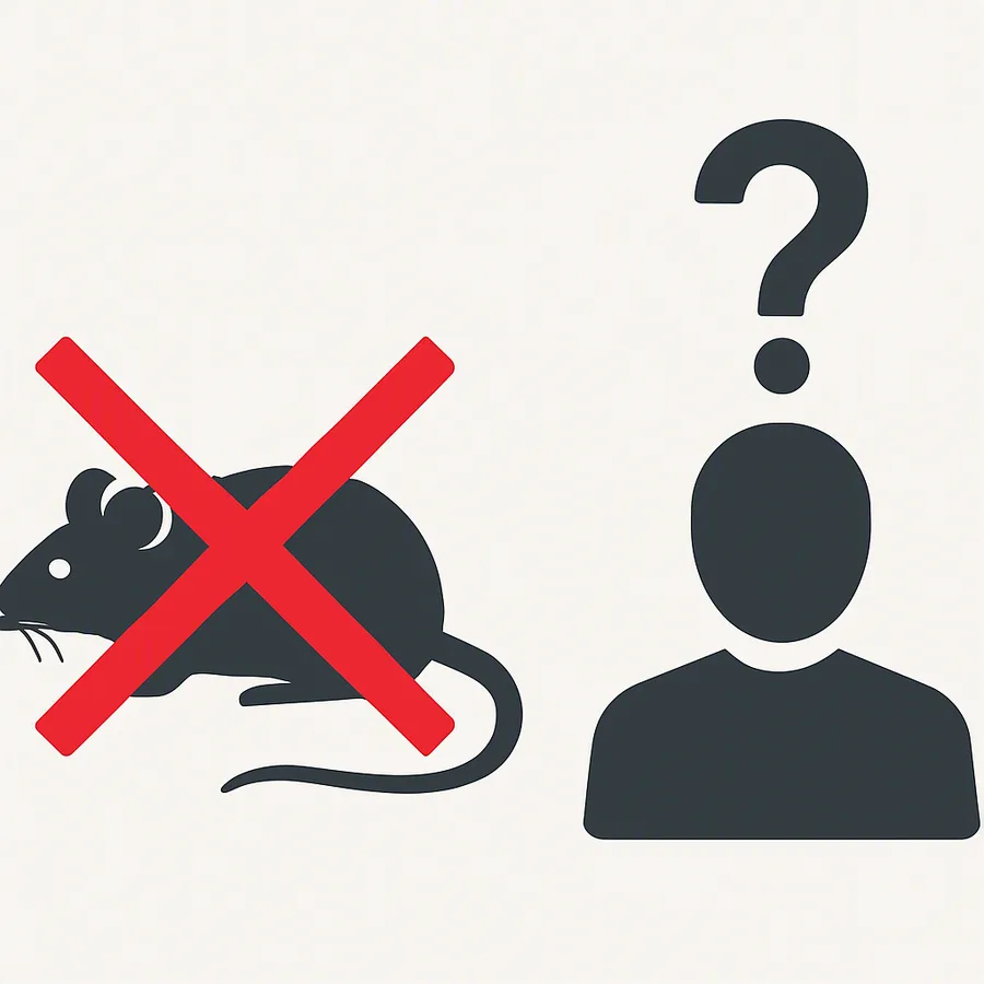 Symbol einer Maus mit einem roten X und eines Menschen mit einem Fragezeichen, das die Einschränkungen von Tierstudien anzeigt.