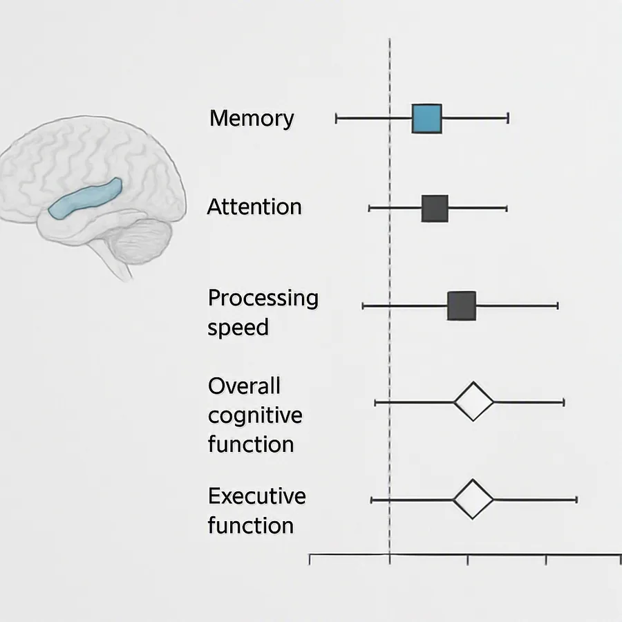 Gráfico de floresta mostrando tamanhos de efeito significativos para memória, tempo de atenção e velocidade de processamento, sem efeito significativo para função cognitiva geral ou função executiva.