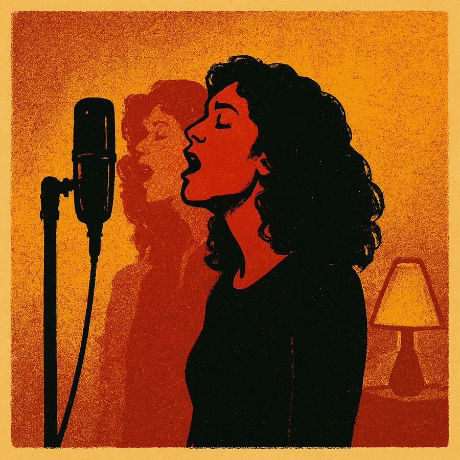 Cantora de cabelos escuros e cacheados em um microfone de estúdio, com duplicatas sobrepostas tênues dela mesma sugerindo vocais multi-track.