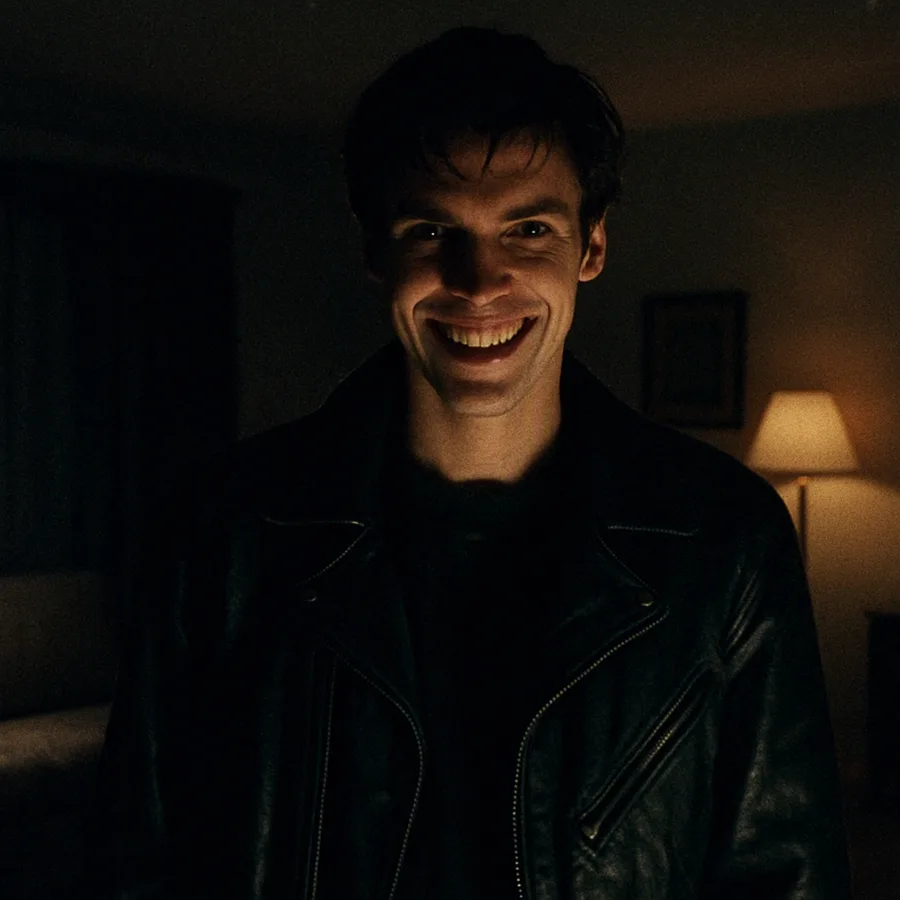 A grinning figure in a black leather jacket stands in a shadowy suburban living room.