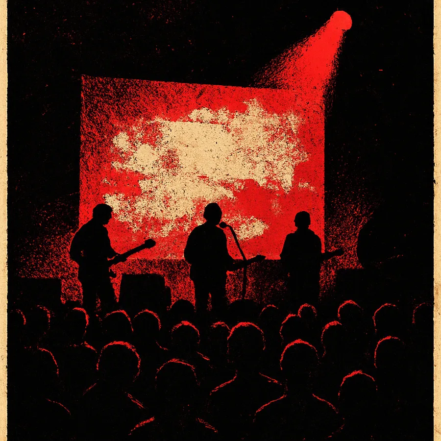 Silhouettierte Band auf einer dunklen Bühne mit Filmprojektionen hinter ihnen und einem Publikum im Schatten