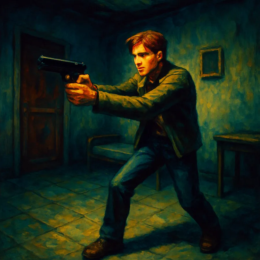 Personagem low-poly visto de uma câmera fixa em uma sala pré-renderizada desolada, no estilo de um jogo de terror de PlayStation de 1999