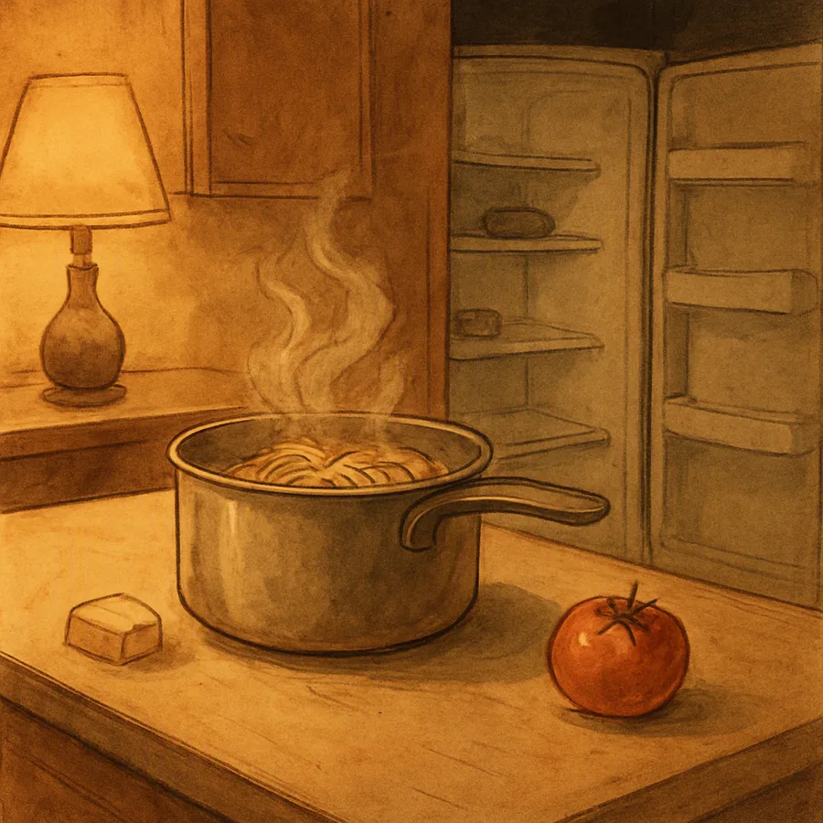 A pot of pasta with cheese and a tomato on a bare counter before an almost empty fridge