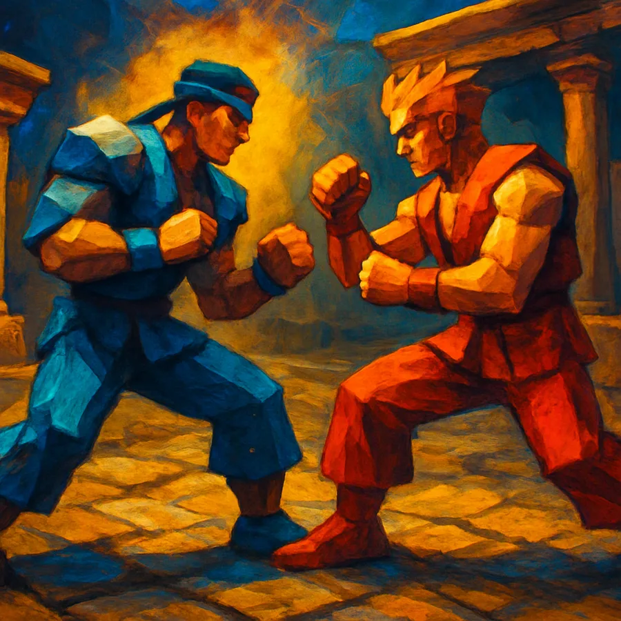 Low-poly 1998 PlayStation fighting game characters in a small 3D arena