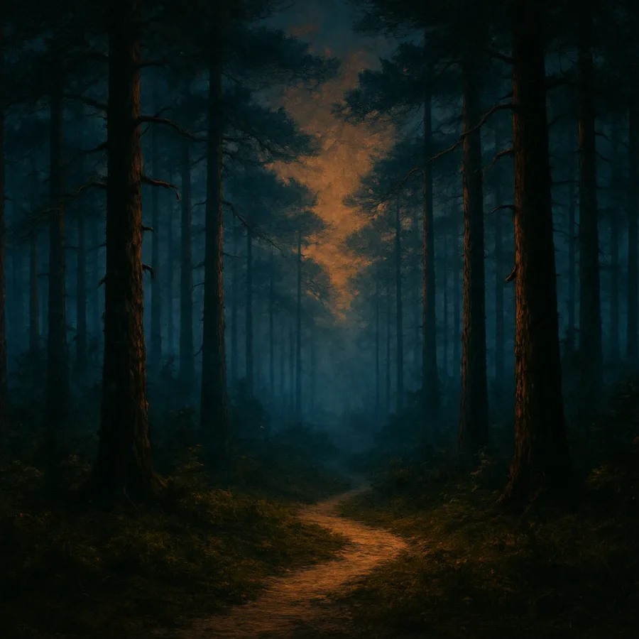 Misty pine forest at dusk in the New Jersey Pine Barrens