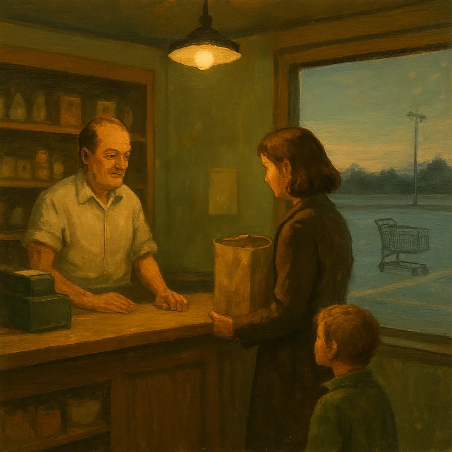 Eine Frau mit einem Kind an der Theke eines kleinen Tante-Emma-Ladens, während ein Ladenbesitzer nickt, und durch das Fenster ist ein verlassener Einkaufswagen zu sehen.