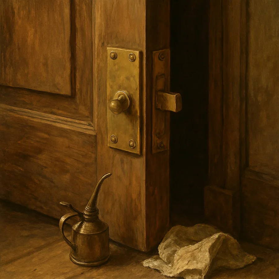 A slightly open wooden door with gleaming brass hinges and an oil can and cloth on the floor beside it.