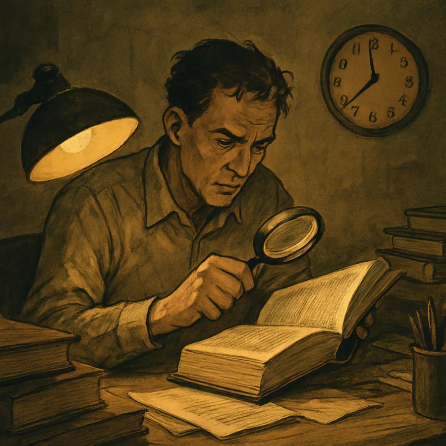 Uma pessoa cansada numa mesa à noite, segurando um dicionário e uma lupa, com um relógio mostrando hora avançada.