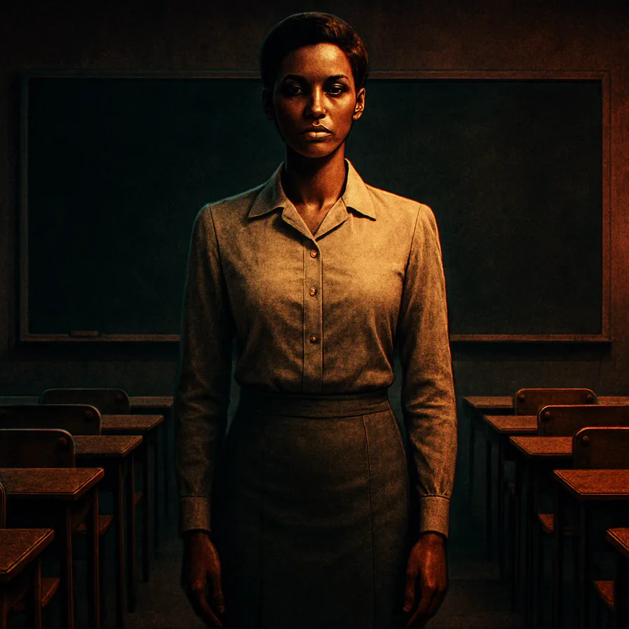 Pam Grier as a calm, rigid robot teacher standing before a classroom